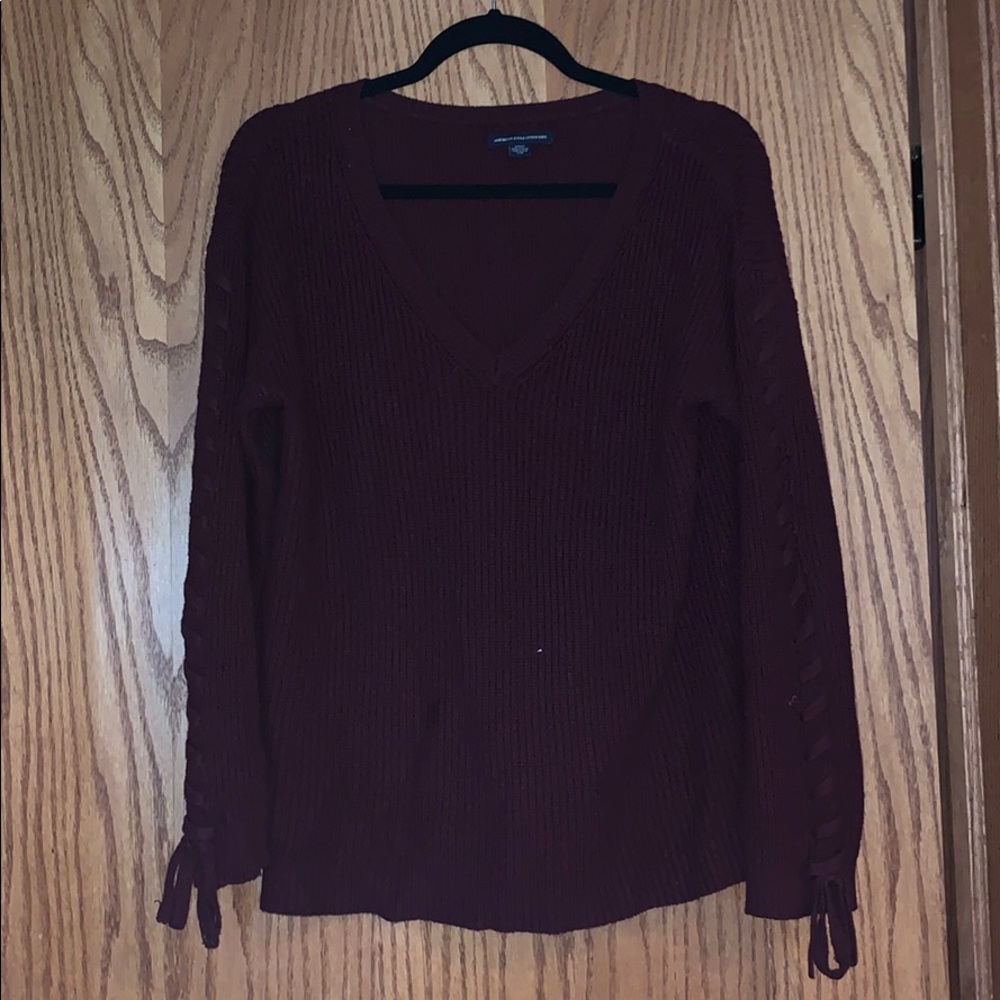 American Eagle Maroon Lace-Up Sleeve Sweater